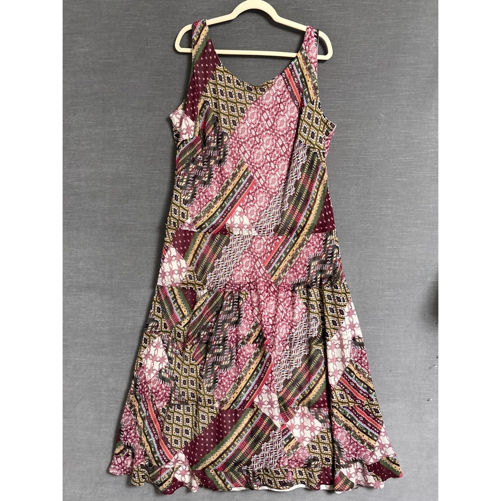 Vintage Jones Studio Dress 18W Red Green Patchwork Tiered Midi Drop Waist y2k